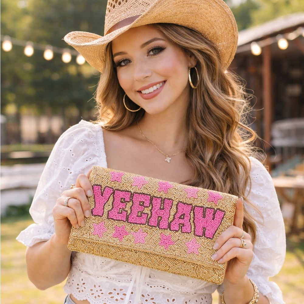 NWOT | YEEHAW Beaded Clutch | Pink Western Crossbody Purse w/ Chain